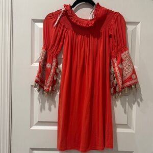 Vibrant Red Dress with Embroidered Tassel Sleeves